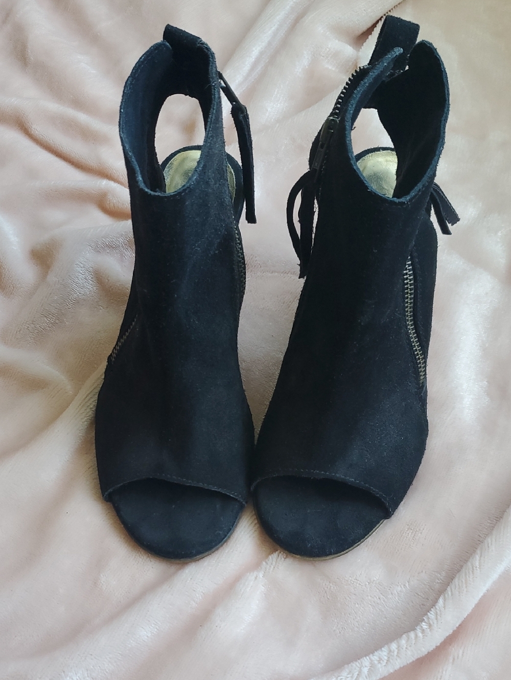 Black Suede Bootie Wedge Heels, Size 7.5, Diba, Good Condition